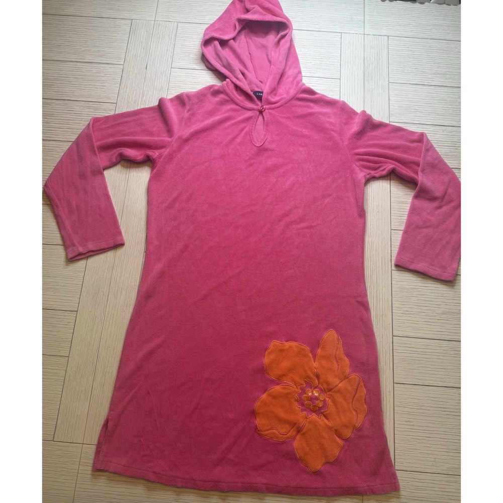 Land's End Girls SzM 10/12 Hooded Pullover Cover up Swim Hoodie. Hot Pink&Orange